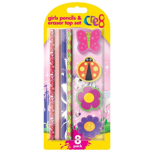 Girls Pencil & Eraser Set - 8 Piece