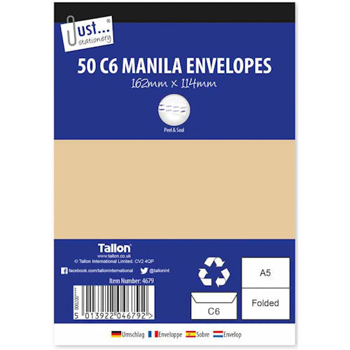 Manila C6 Peel & Seal Envelopes - 50 Pack 162mm x 114mm Office Stationery Mailing