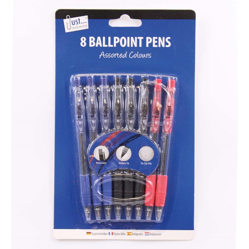 Retractable Pens - 8 Pack Blue Red Black Assorted Colours Ballpoint Writing Stationery