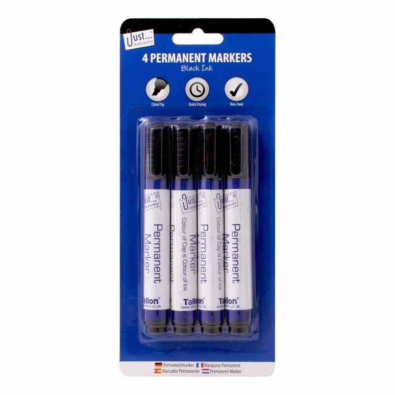 Black Permanent Markers - 4 Pack Black Ink Chisel Tip Quick Drying Writing Drawing