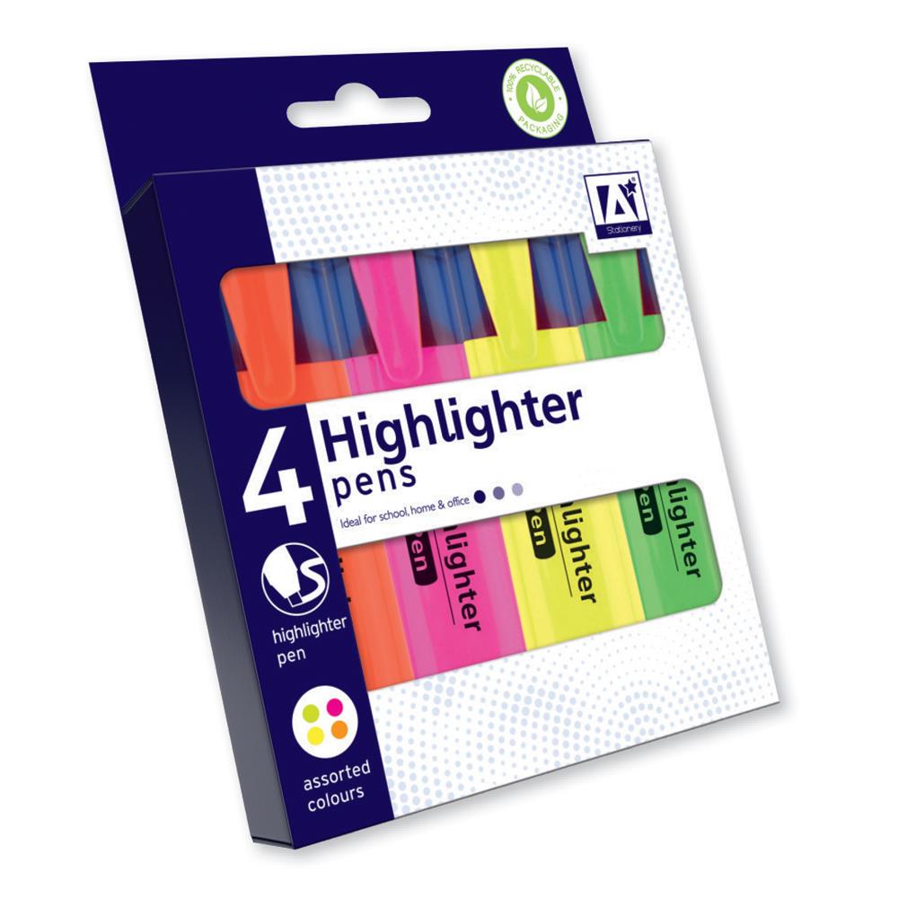Highlighter Pens - 4 Pack Bright Colours Vibrant Fluorescent Ink Highlighting Colour-Coding Documents