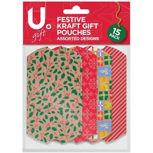 Festive Kraft Gift Pouches - 15 Pack