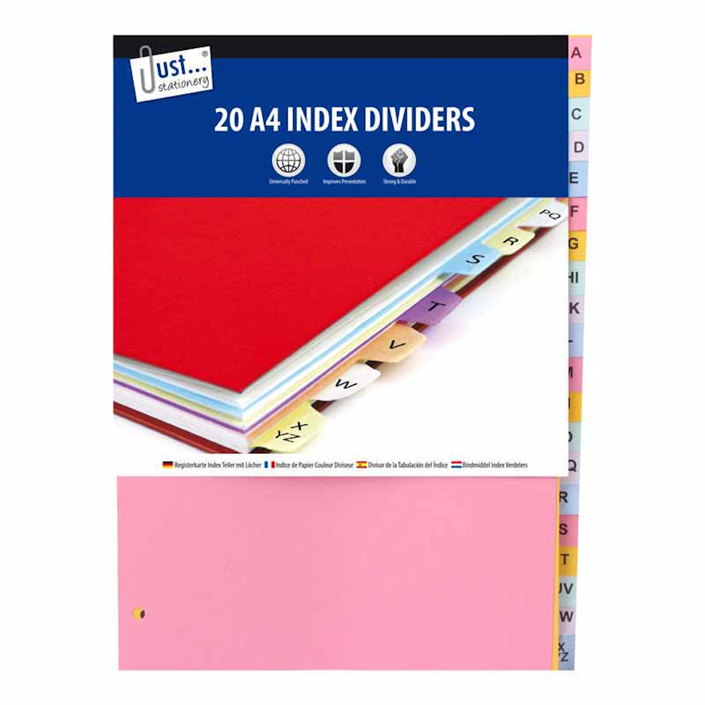A-Z Index Dividers - 20 Pack Assorted Bright Colours Strong Punched Tabs