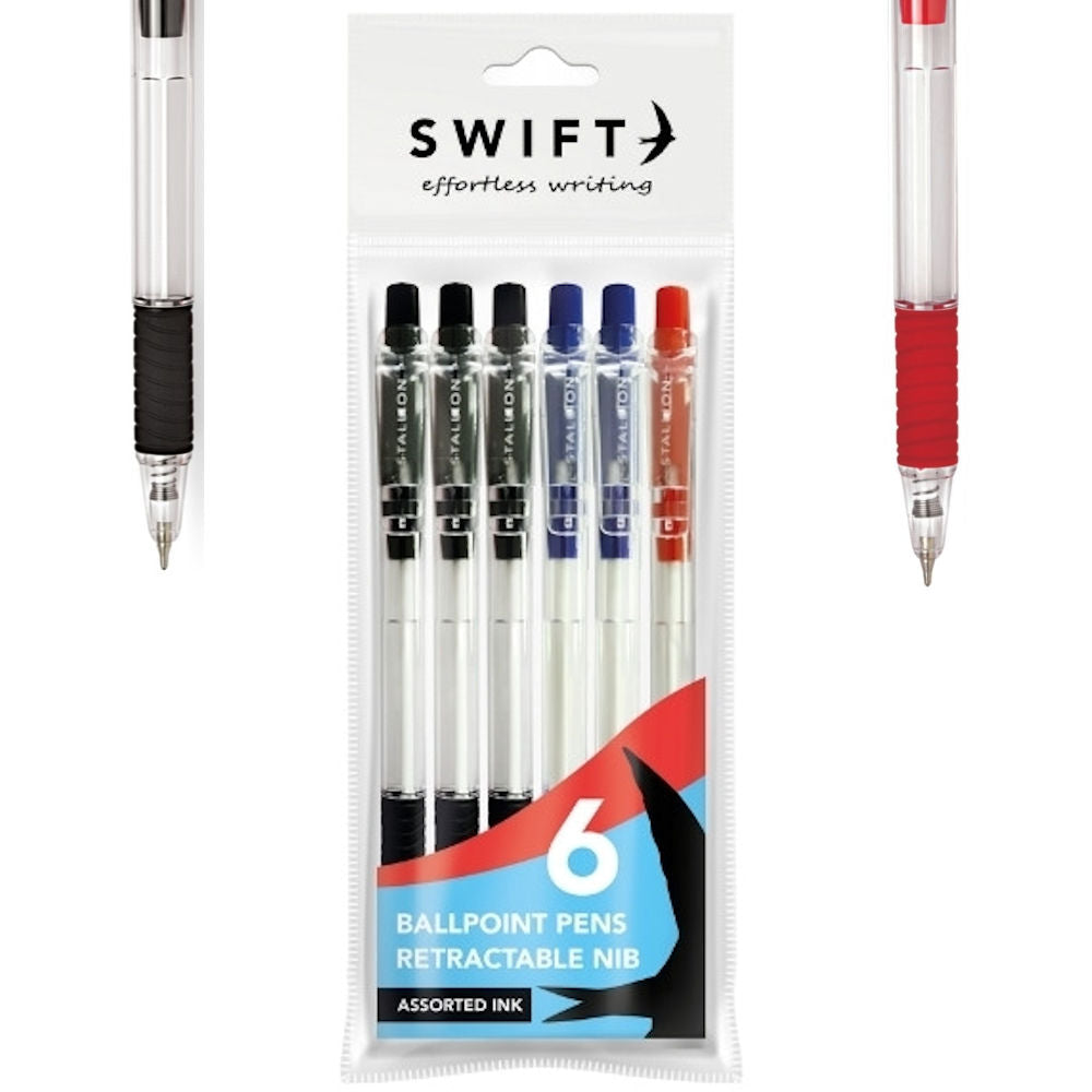 Retractable Assorted Ballpoint Pens - 6 Pack Convenient Smooth Writing Value