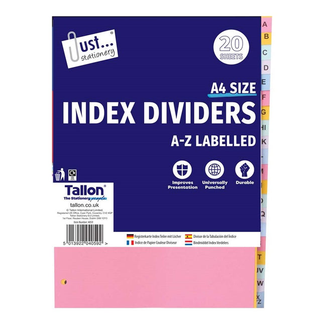 20 Coloured Card A-Z A4 Index Dividers