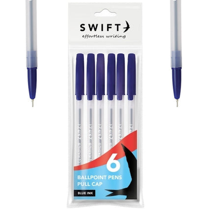 Pull Cap Blue Ballpoint Pens - 6 Pack