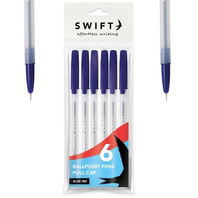 Pull Cap Blue Ballpoint Pens - 6 Pack