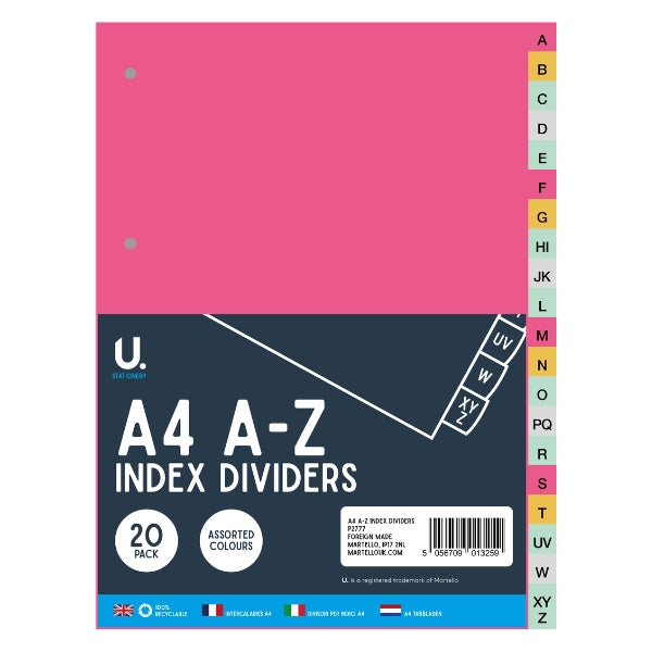 A4 A-Z Index Dividers - Organizational Tools Files Binders Alphabetically Labelled Durable