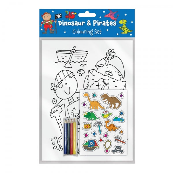 Dinosaur & Pirates Colouring Set - Includes Colouring Sheets, Stickers and Pencils - Fun Creative Activity for Kids at Home or On the Go