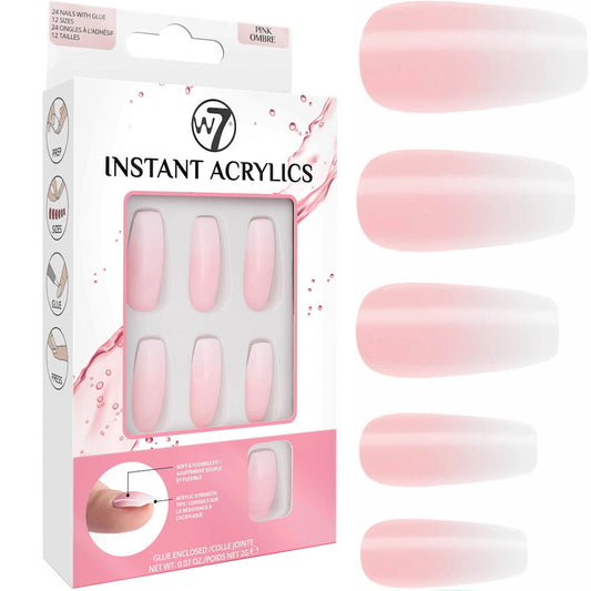 W7 Cosmetics Glamorous False Nails Pink Ombre - Long Fake Adhesive Included Party Nails