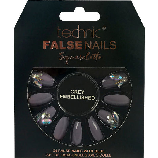 Technic Cosmetics False Nails - Squareletto Grey Embellished