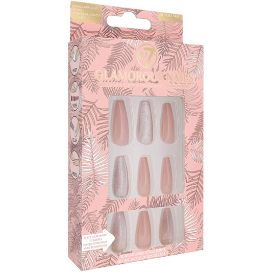 W7 Cosmetics Glamorous False Nails Almost Nkd - Long Fake Adhesive Included Party Nails