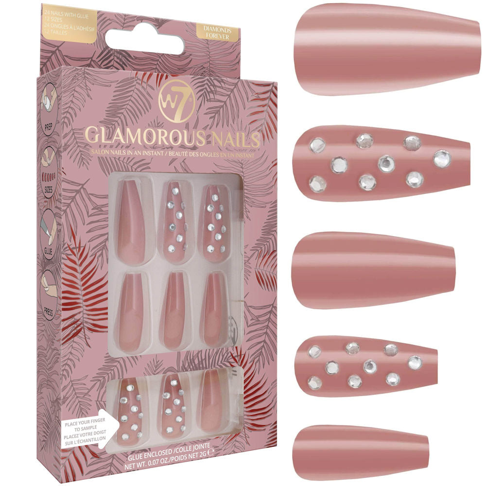 W7 Cosmetics Glamorous False Nails Diamonds Forever - Long Fake Adhesive Included Party Nails