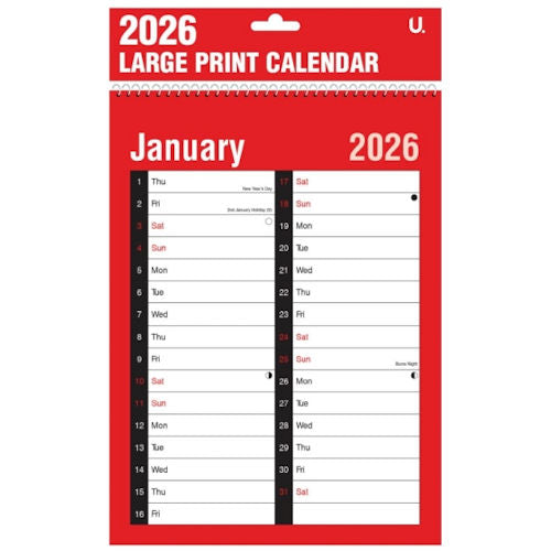 Red & Black A4 Easy View Calendar 2026
