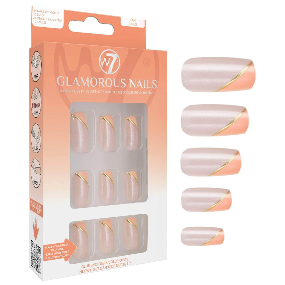 W7 Cosmetics Glamorous False Nails Tan Lines - Long Fake Adhesive Included Party Nails