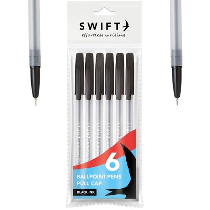 Pull Cap Black Ballpoint Pens - 6 Pack
