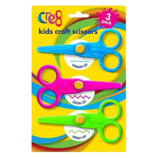 Kids Scissors - 3 Pack Assorted Colours Safe Easy-to-Use Straight Zig Zag Child Friendly