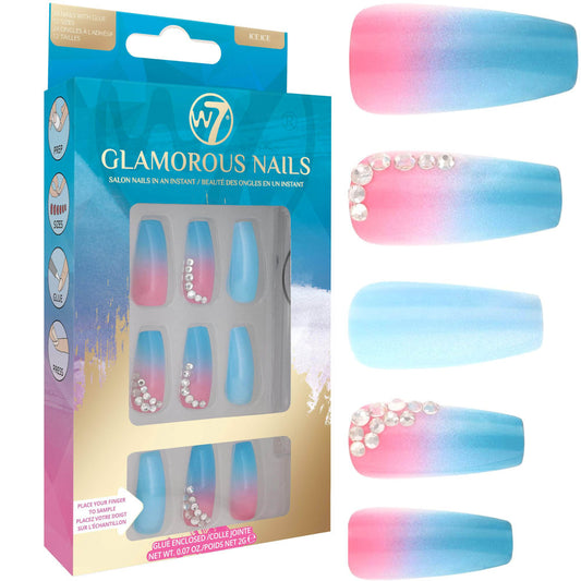 W7 Cosmetics Glamorous False Nails Ice Ice - Long Fake Adhesive Included Party Nails