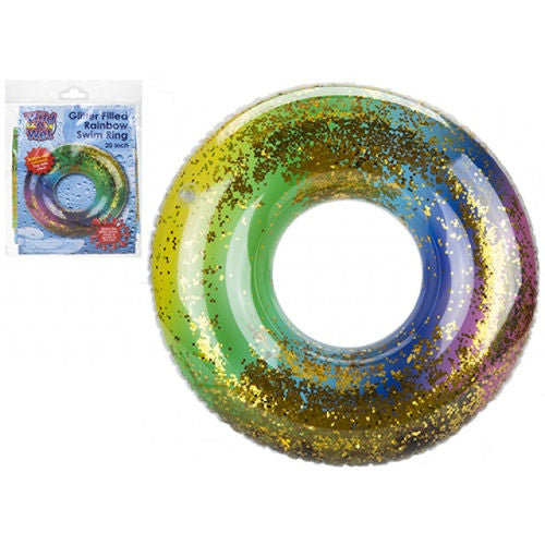 Rainbow Glitter Swim Ring - 50cm Sparkle Holiday Pool Time Glittery Inflatable Fun Sun