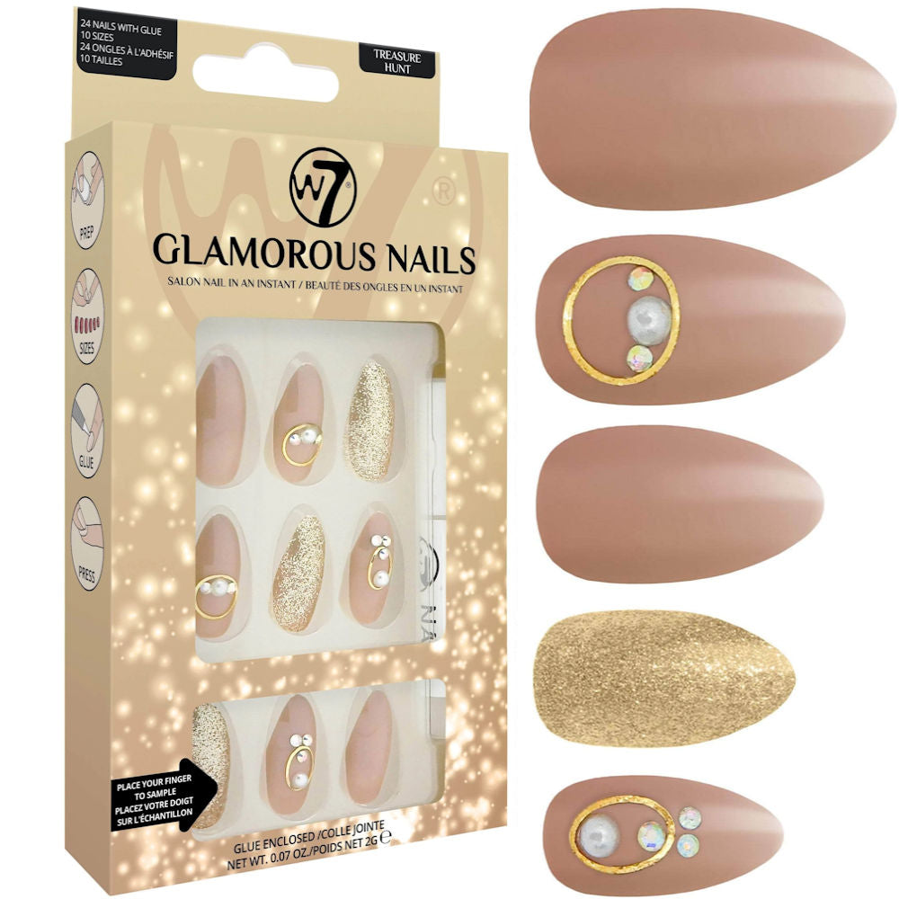 W7 Cosmetics Glamorous False Nails Treasure Hunt - Long Fake Adhesive Included Party Nails