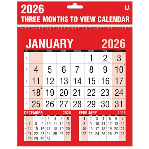 Red & Black 2026 Three Month To View Planner