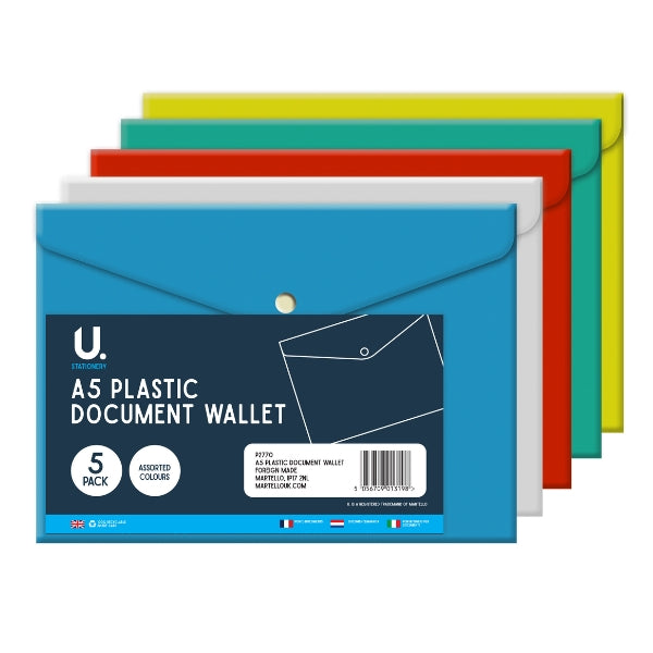 A5 Plastic Document Wallet - 5 Pack Durable Material Design Easy Visibility Secure Snap Closure Organising Protecting Documents