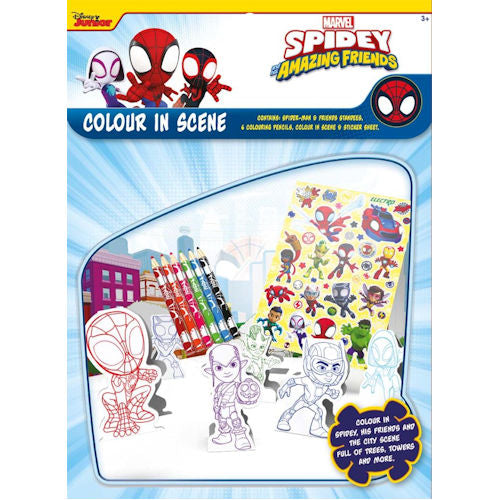 Spidey & Friends Colour In Scene - Character Standees Colouring Pencils Colour In Scene Sticker Sheet