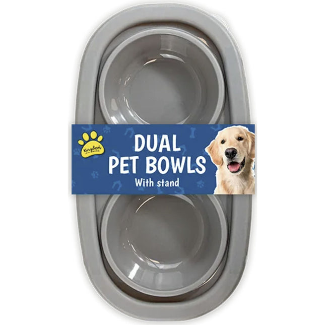 Grey Dual Plastic Pet Bowls & Stand