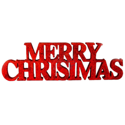 Red Merry Christmas Glitter Sign - 10cm x 32cm Sparkling Festive Decoration Home Parties