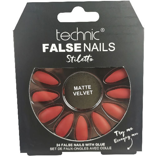 Technic Cosmetics False Nails - Stiletto Red Matte Velvet