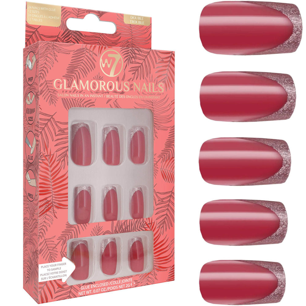 W7 Cosmetics Glamorous False Nails Double Trouble - Long Fake Adhesive Included Party Nails