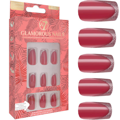 W7 Cosmetics Glamorous False Nails Double Trouble - Long Fake Adhesive Included Party Nails