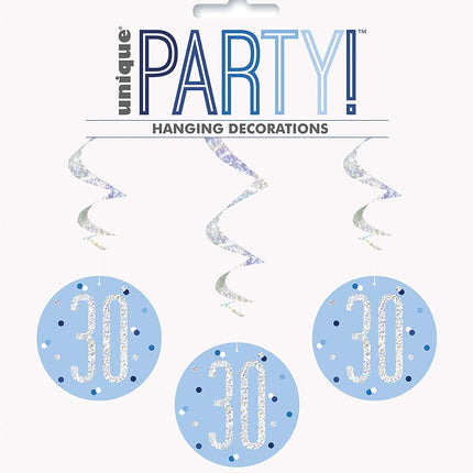 Blue 30th Birthday Glitz Hanging Swirls - 6 Pack