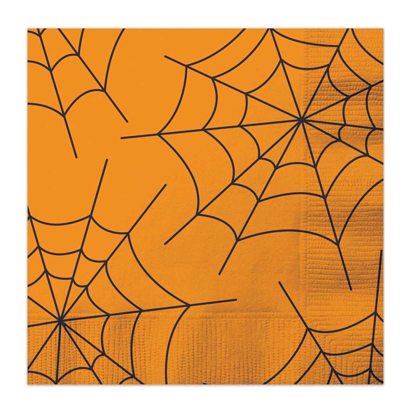 Halloween Design Napkins - 16 Pack Orange Spiderweb Spooky Theme Party Tableware
