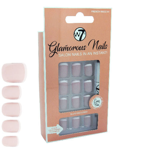 W7 Cosmetics Glamorous False Nails French Nails 01 - Long Fake Adhesive Included Party Nails