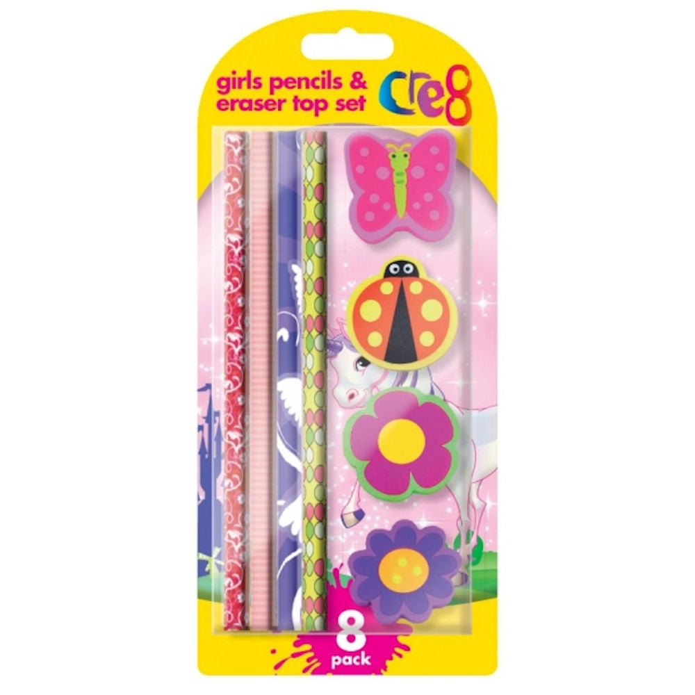 Girls Pencil & Eraser Set - 8 Piece Pink Cute Stationery Set Pencils Erasers