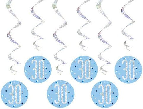 Blue 30th Birthday Glitz Hanging Swirls - 6 Pack