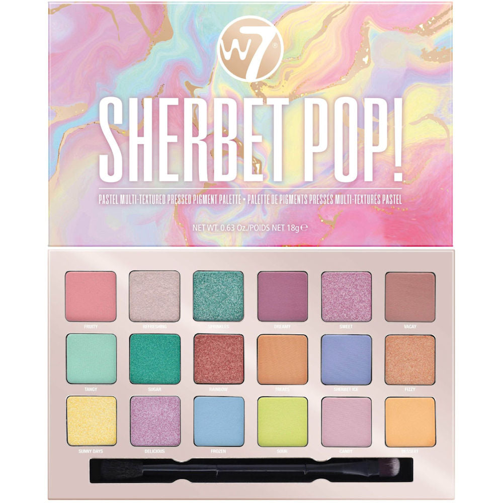 W7 Cosmetics Sherbet Pop Eyeshadow Palette - 18 Colour Matte Shimmer With Applicator Bright Pastel Colours Eyes