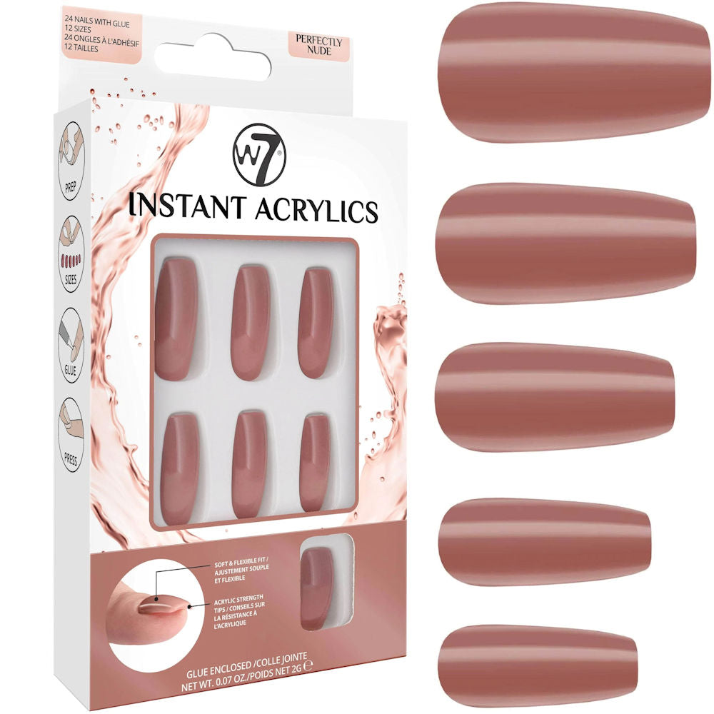 W7 Cosmetics Glamorous False Nails Perfectly Nude - Long Fake Adhesive Included Party Nails