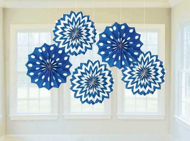 Royal Blue Hanging Paper Fan Decorations - 5 Pack