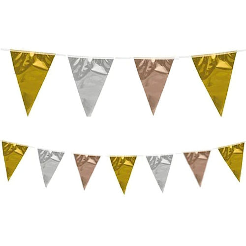 Metallic Gold, Rose Gold & Silver 10m Triangle Flag Bunting
