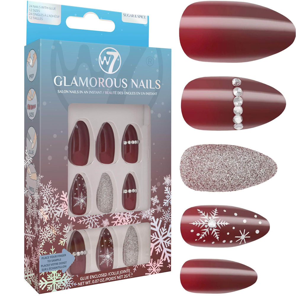 W7 Cosmetics Glamorous False Nails Sugar & Spice - Long Fake Adhesive Included Party Nails