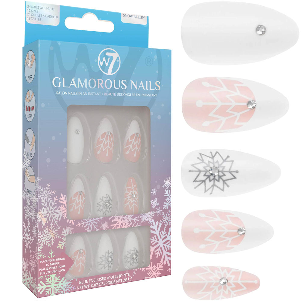 W7 Cosmetics Glamorous False Nails Snow Ballin' - Long Fake Adhesive Included Party Nails