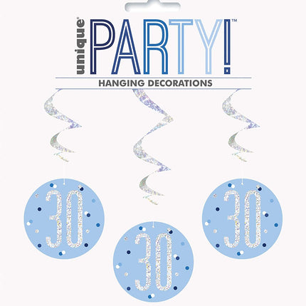 Blue 30th Birthday Glitz Hanging Swirls - 6 Pack