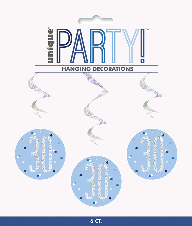 Blue 30th Birthday Glitz Hanging Swirls - 6 Pack