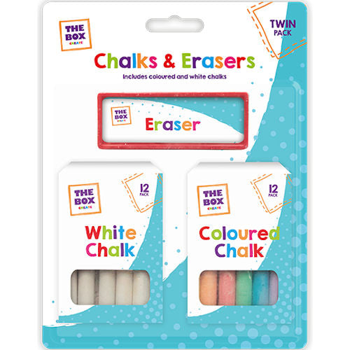 Chalk & Eraser Set - 12 Pack White Chalks 12 Pack Colour Chalks & Eraser