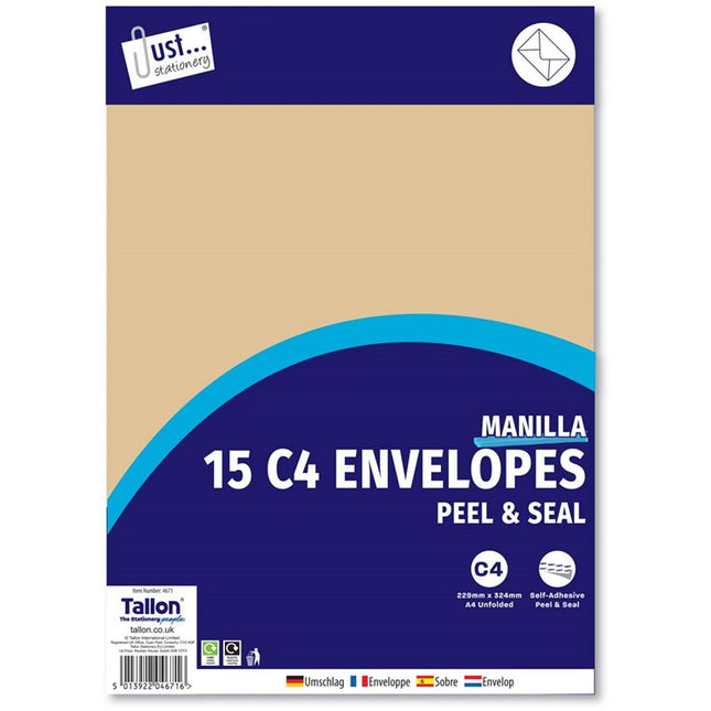 Manila C4 Peel & Seal Envelopes - 15 Pack