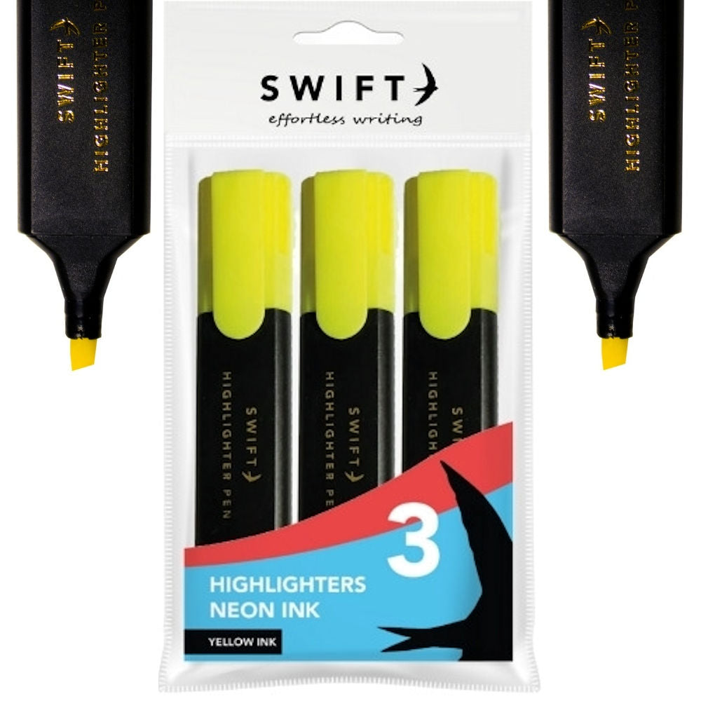 Yellow Highlighters - 3 Pack Bright Yellow Colour Highlighting Pens