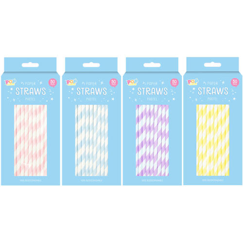Pastel Eco Paper Straws 50 Pack Assorted - Biodegradable Drinking Straws in Soft Pastel Colours