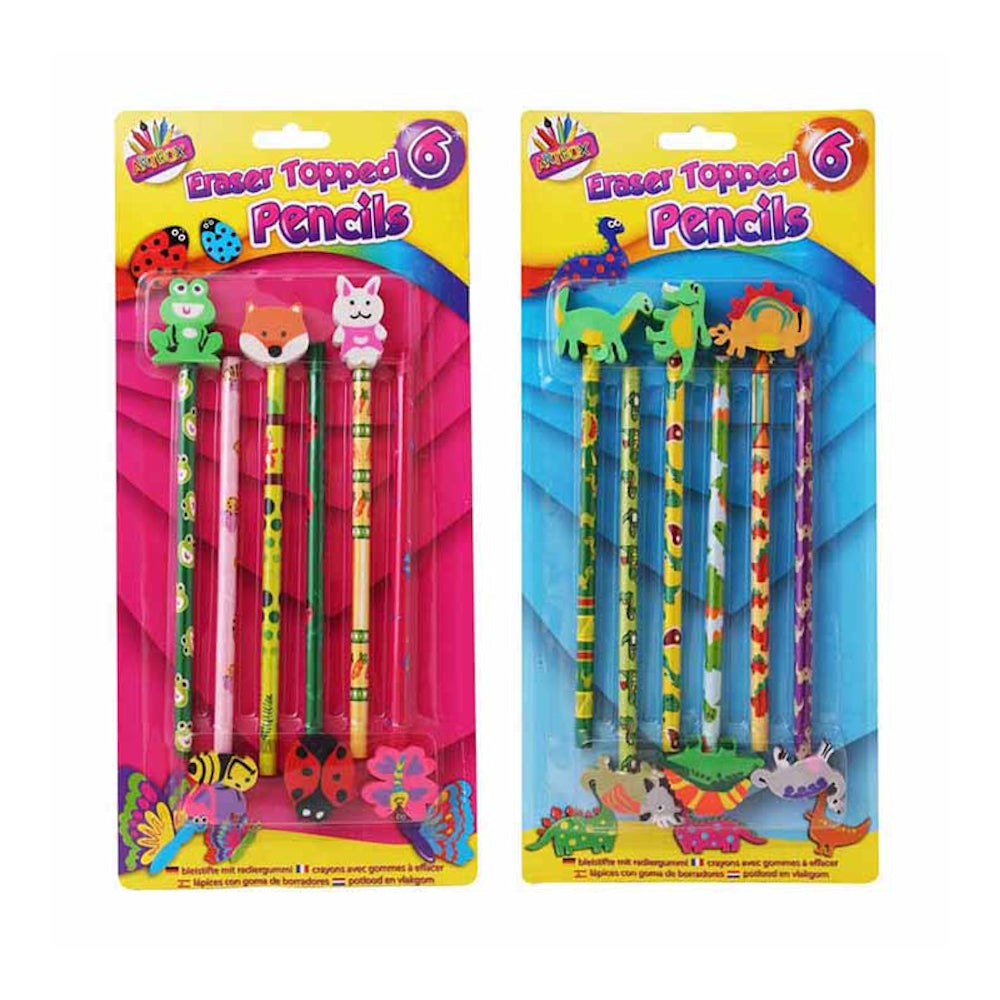 Novelty Eraser Top Pencils - Cute 6 Pack Fun Kids School Stationery Writing